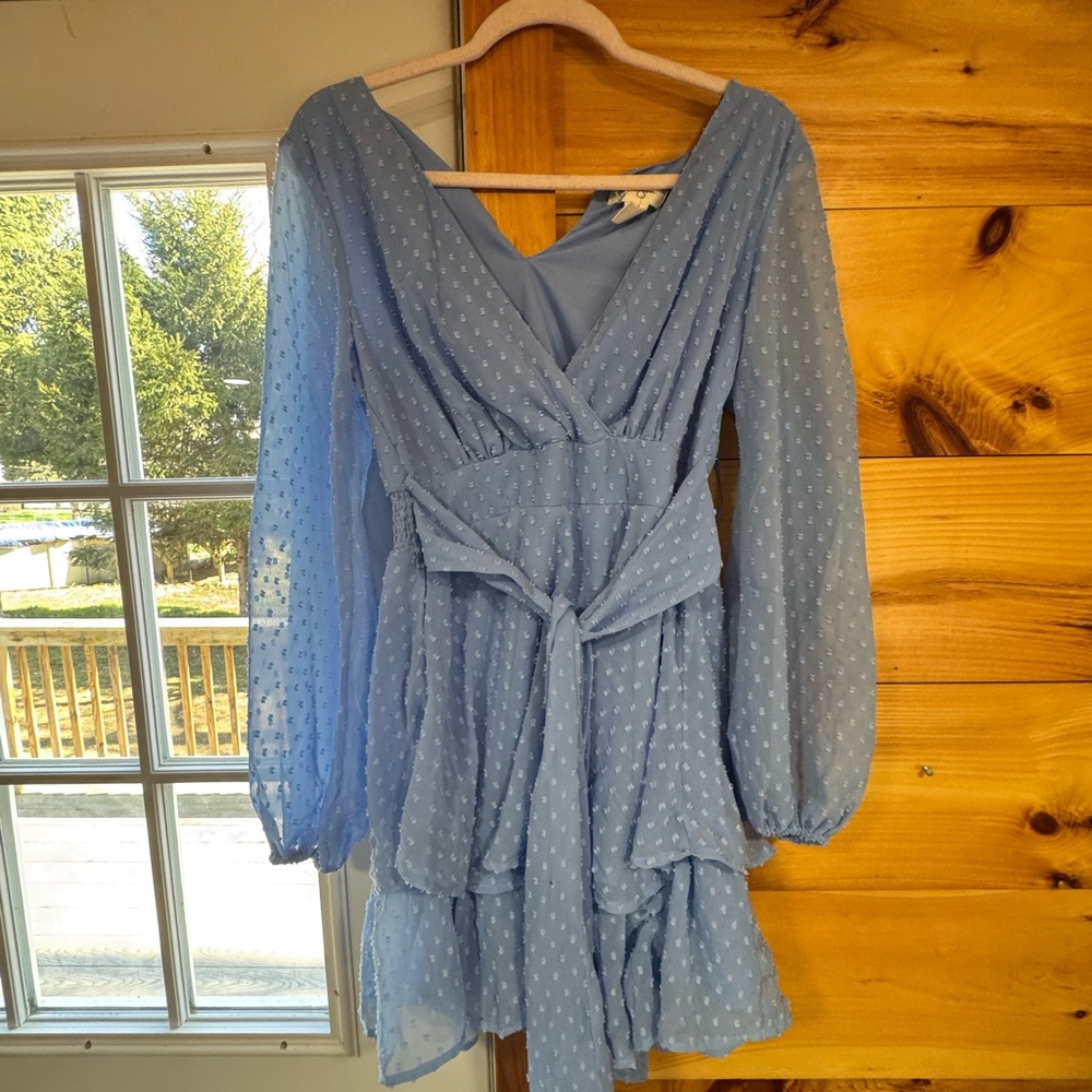 Blue Ruffled Wrap Sundress with Bishop Sleeves